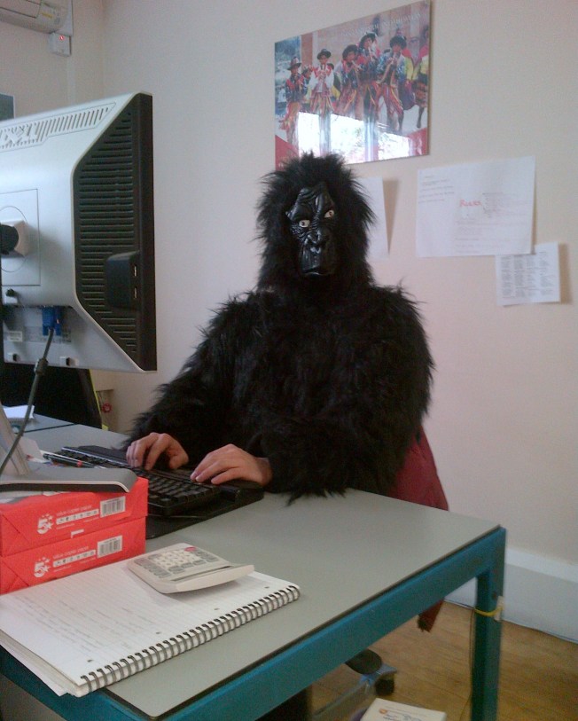 This is what I do at work- ask my colleague to dress up in a Gorilla suit!